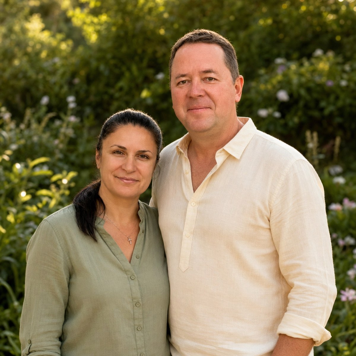 Mykhailo and Olena, the husband-and-wife team behind Good Hands, in their garden in Twickenham