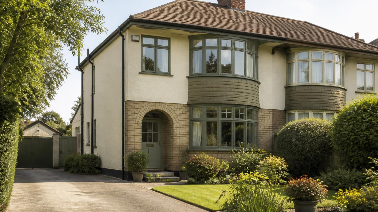 1930s semi-detached house with a bay window, driveway and well-kept front garden, typical of homes in Hampton