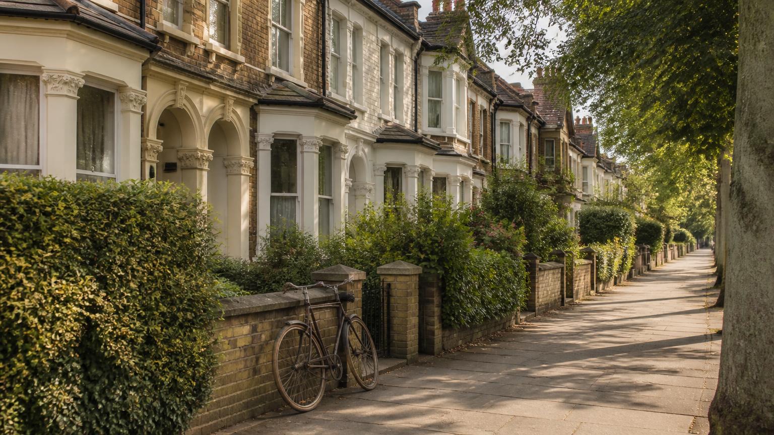 Row of Victorian terraced houses with bay windows and front gardens, typical of homes in Teddington