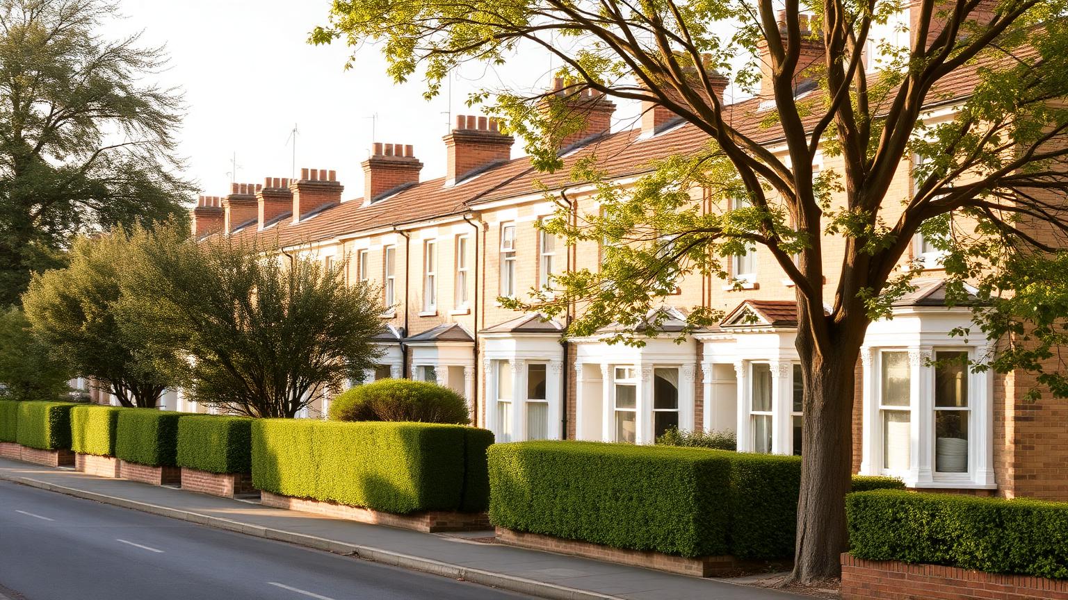 Row of Victorian and Edwardian terraced houses with bay windows, low front walls and mature street trees, typical of homes in Twickenham